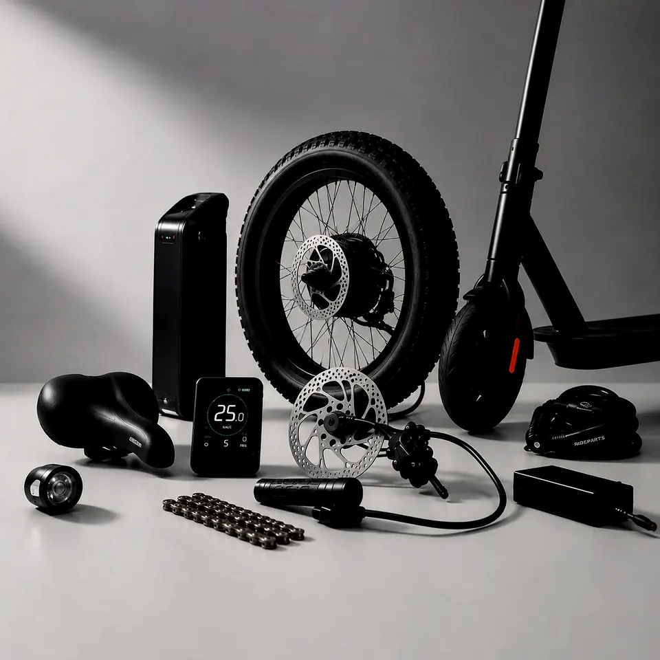 Lyst studiofoto med fatbike-hjul, batteri, display og elsparkesykkel