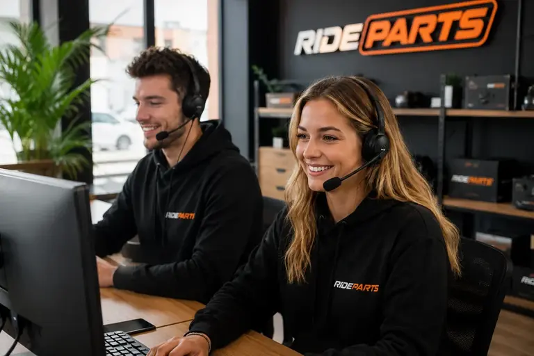 To RideParts-medarbeidere med headset hjelper kunder
